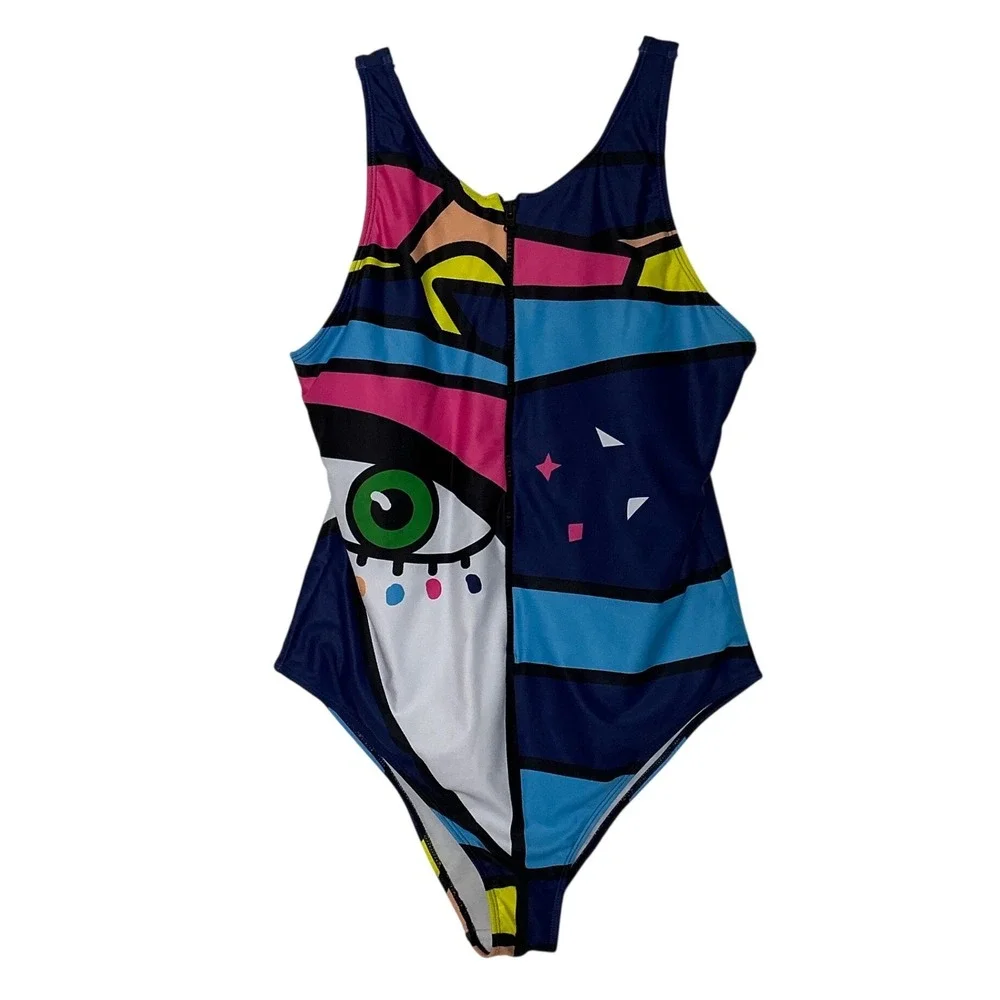Pop Art‎ Abstract Face One Piece Swimsuit Blue Pink 2XL Front Zip Scoop Back